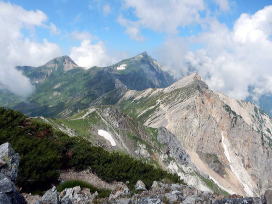 鑓ヶ岳山頂から見る旭岳、白馬岳、杓子岳