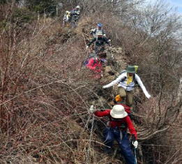 革籠石山から向きを変えて急斜面の丸太階段を降りてゆく